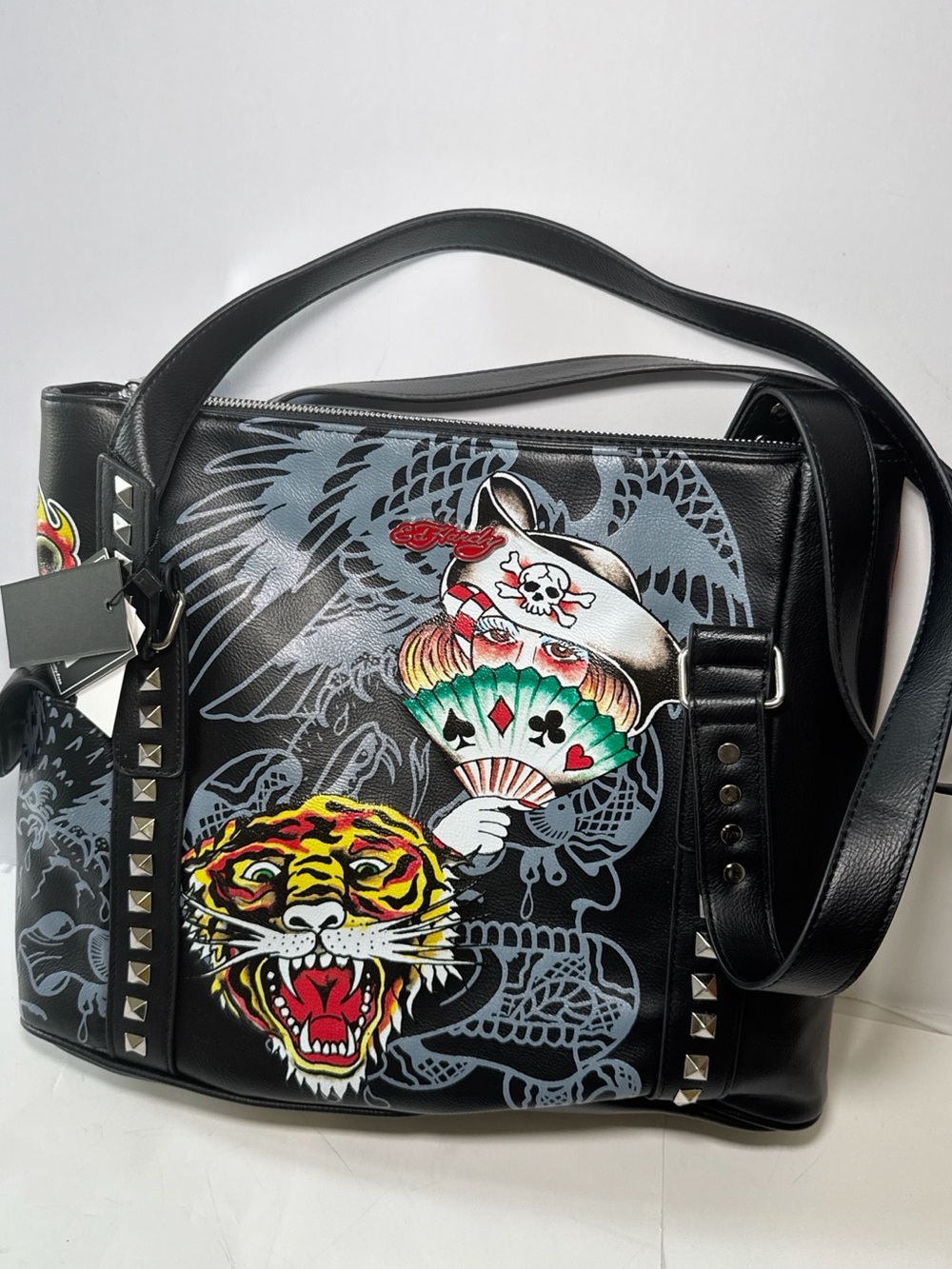 Ed Hardy Tote Bag Black Tiger Skull Graphic Studded Shoulder Handbag NWT